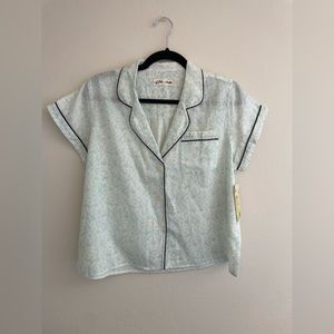 Blue Floral Pajama Top with Black Piping details camp collar NWT